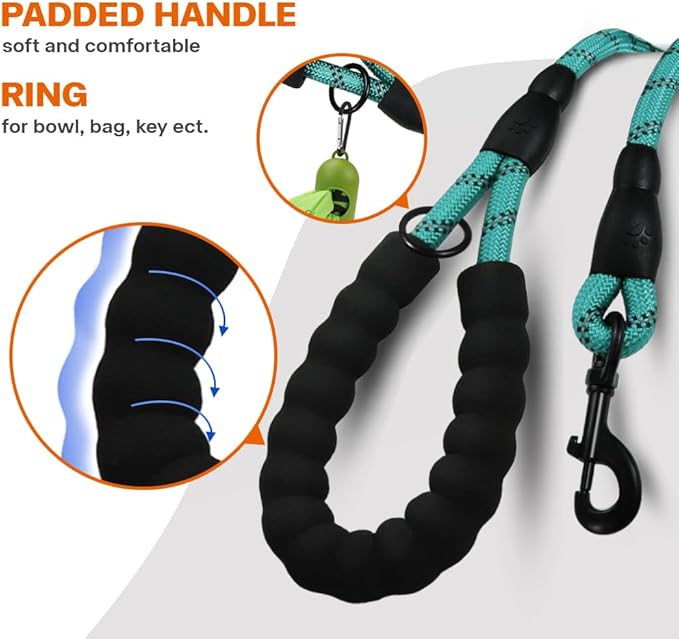 Taglory Rope Dog Leash 5 FT with Comfortable Padded Handle, Highly Reflective Threads Leash for Small Dogs, 3/8 inch, Turquoise