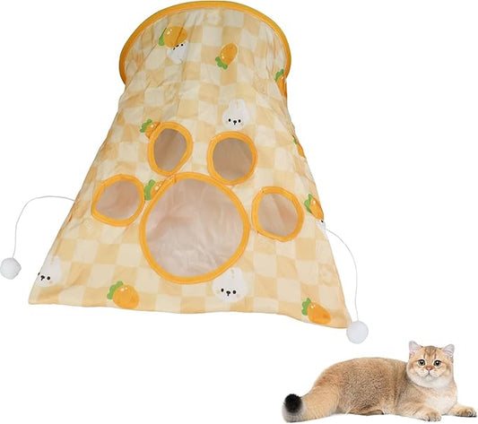 Andiker Cat Tunnel Bags for Indoor Cats, 13x17x12In Foldable Cat Crinkle Bag with 3 White Plush Balls and 1 Mouse 5 Holes for Kitten to Hide and Catch 3 Layers Cat Toy (Rabbit)
