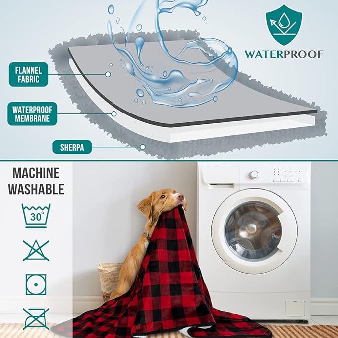 PetAmi Waterproof Dog Blanket Sherpa Fleece, Pet for Medium Large Dogs, Reversible Cat Throw Bed Couch Sofa Furniture Protector, Soft Plush Microfiber (Queen 90x90, Checker Red) Checkered Red