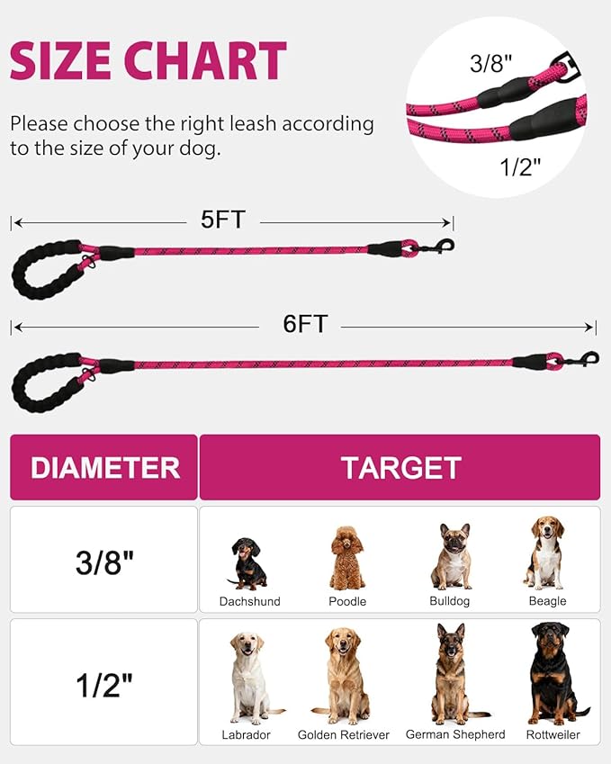 Joytale Dog Leash for Small Dogs, Heavy Duty Nylon Leashes with Comfortable Padded Handle and Highly Reflective Threads, Ideal for Walking and Training, Hotpink, 5'횞3/8''