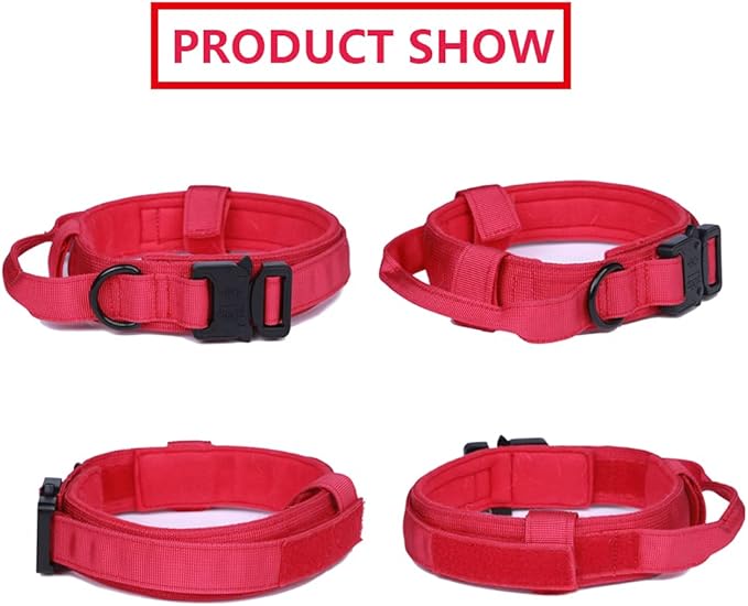 Xqpetlihai Tactical Dog Collar and Leash Set Adjustable Military Nylon Dog Collar with Control Handle and Heavy Duty Metal Buckle for Large Dogs（Red L