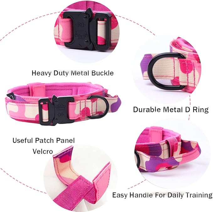 Xqpetlihai Tactical Dog Collar and Leash Set Adjustable Military Nylon Dog Collar with Control Handle and Heavy Duty Metal Buckle for Large Dogs （Pink Camo XL