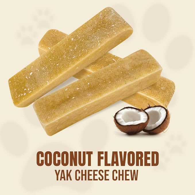 Tibetan Yak Cheese Dog Chew Sticks (4 Medium Chews) Coconut Flavor - Natural, Handmade, Long-Lasting, Easy to Digest, Ideal for Medium Dogs and Aggressive Chewers, Rawhide, Grain and Gluten Free