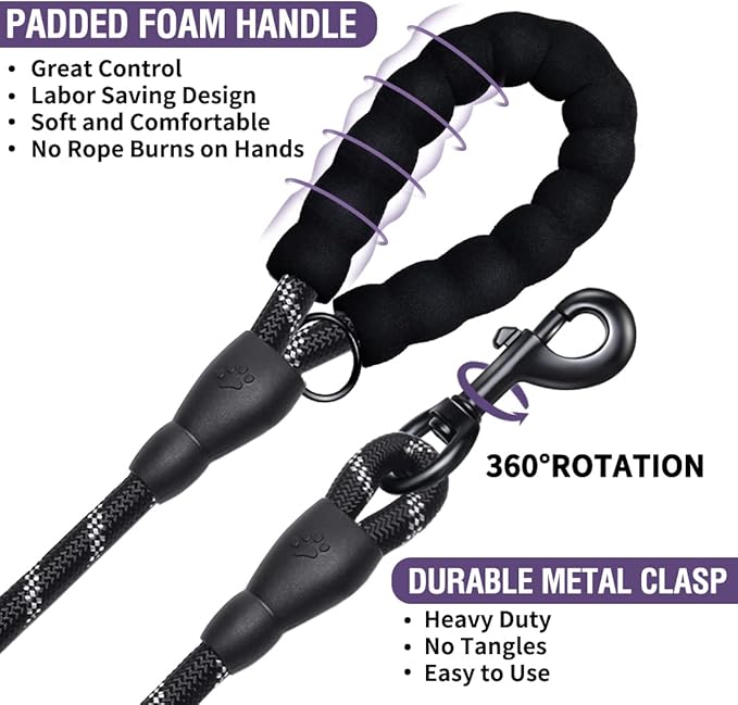 COOYOO 2 Pack Dog Leash 6 FT Heavy Duty - Comfortable Padded Handle - Reflective Dog Leash for Medium Large Dogs with Collapsible Pet Bowl Set 3-Black+Purple