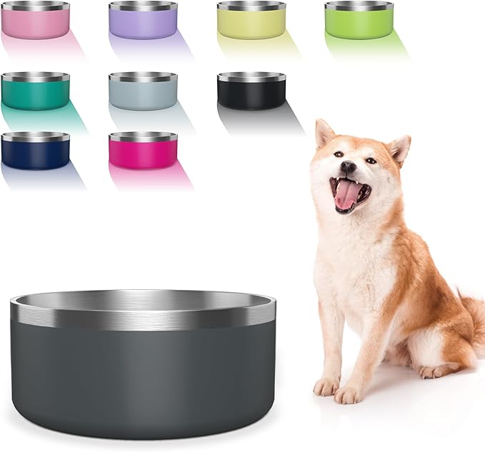 Dog Bowl, Stainless Steel Dog Food and Water Bowl with Non Slip Quiet Bottom, Easy to Clean, Dishwasher Safe, 40oz, Deep Grey