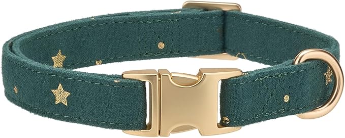 Cotton Fibric Dog Collar with High Grade Metal Buckle, for Small Dogs(Dark Green,Small:10-15")