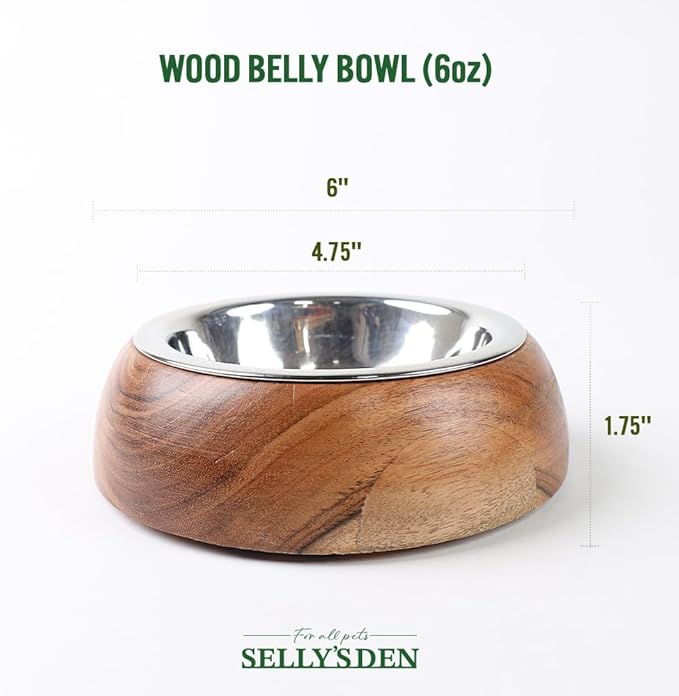 Selly’s Den Wood Belly Pet Bowl - Low Profile Elevated Base with Stainless Steel Insert, Real Wood Base with Stainless Steel Insert Non Slip and Spill Resistant Base (6 Oz)