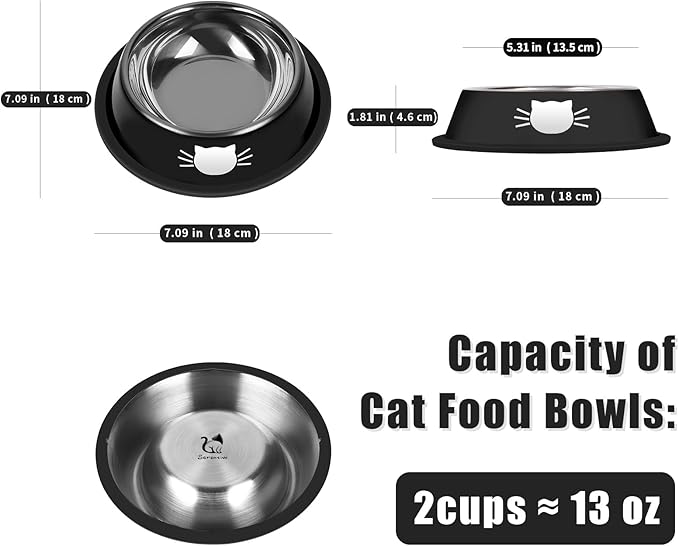 2 Pcs Non-Slip Stainless Steel Small Cat Food Bowls - Unbreakable, Thicken 13 Oz Cat Dishes - Indoor, Removable Rubber Base, Easily Clean, Lovely Color