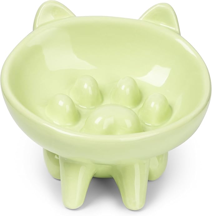 Ceramic Slow Feeder Bowl, Elevated CAT & Dog Slow Feeder, Wide-Mouth, PAW Design, Stylish Design, for Fast Eaters, Non Slip, Pets, Small & Medium Sized Breeds, (Green)