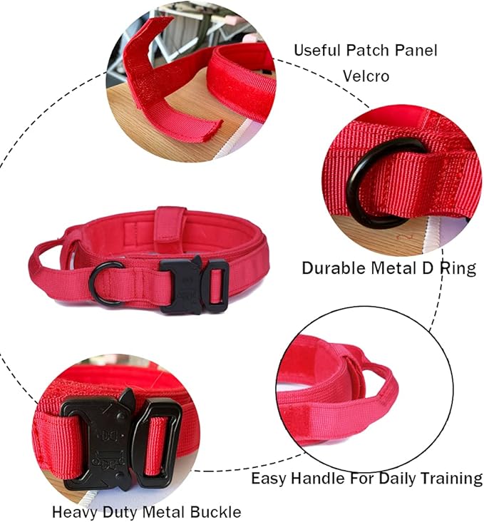 Xqpetlihai Tactical Dog Collar and Leash Set Adjustable Military Nylon Dog Collar with Control Handle and Heavy Duty Metal Buckle for Large Dogs（Red XL