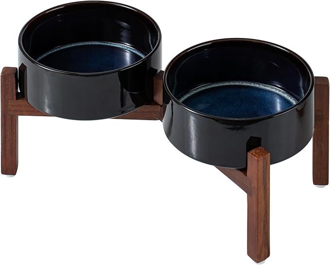 Ceramic 7.3inch Raised Double Dog Bowls Set with Acacia Wood Stand, Food & Water Bowls for Medium Breed Dogs, Weighted Pet Dishes(41oz, Starry Sky)