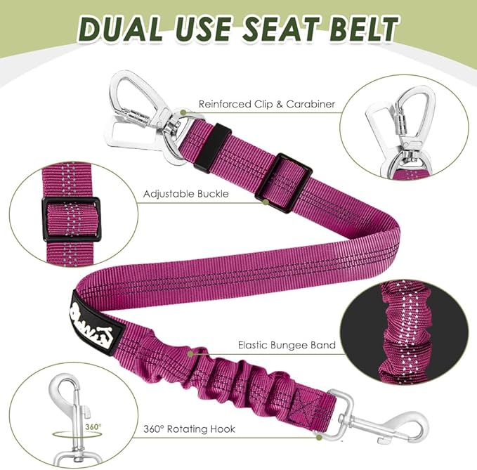Lukovee Dog Seat Belt for Car, Adjustable Dog Car Harness for Large Medium Small Dogs, Soft Padded & Breathable Mesh Dog Seatbelt with Car Strap and Carabiner (Rose,L)