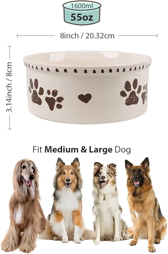 Ceramic Dog Bowl 55oz Heavy Duty Pet Food and Water Bowl for Medium Large Dogs Non Slip Weighted Dog Dish with Paw Print and Heart Design Easy to Clean