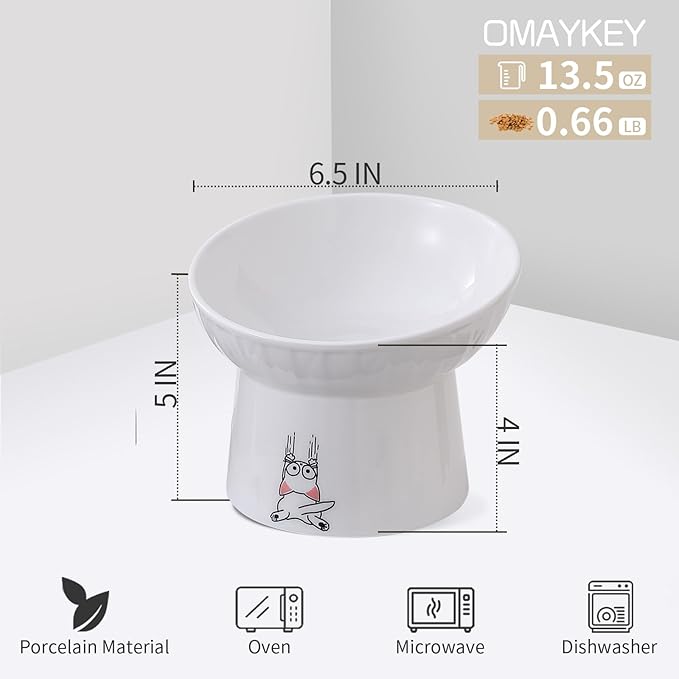 OMAYKEY 6.5 Inch Extra Wide Ceramic Raised Cat Bowls, Porcelain Tilted Elevated Cat Food Water Bowl Dish, Stress Free Pet Feeder Dishes for Cats & Small Dogs, Whisker Fatigue, White & Pink