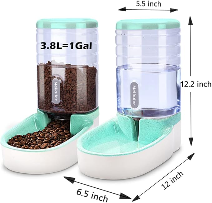Meikuler Automatic Dog Cat Feeder and Water Dispenser Set,Waterer and Gravity Food Feeder for Small & Medium Dogs Cats Puppies,Large Capacity 1 Gallon x 2 (Green)