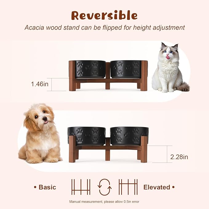 SPUNKYJUNKY Ceramic Elevated Dog Bowl Set with Acacia Wood Stand for Food and Water for Cats and Small Dogs (13.52 OZ, Black, Dog Paw Pattern)