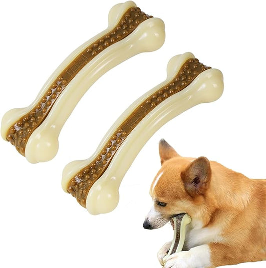 Dog Bones for Aggressive Chewers, 2 Pack Real Beef Flavor Puppy Teething Toys for Medium/Small Breed Dogs, Durable Nylon Dog Chew Toys