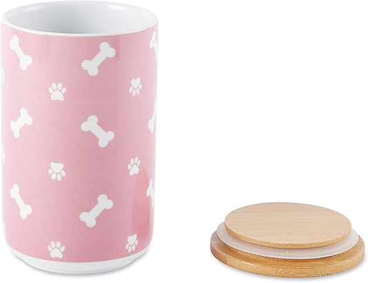 Bone Dry Ceramic Canister with Bamboo Lid, Paw & Bone Collection, Treat Jar, 4x6.5", Rose
