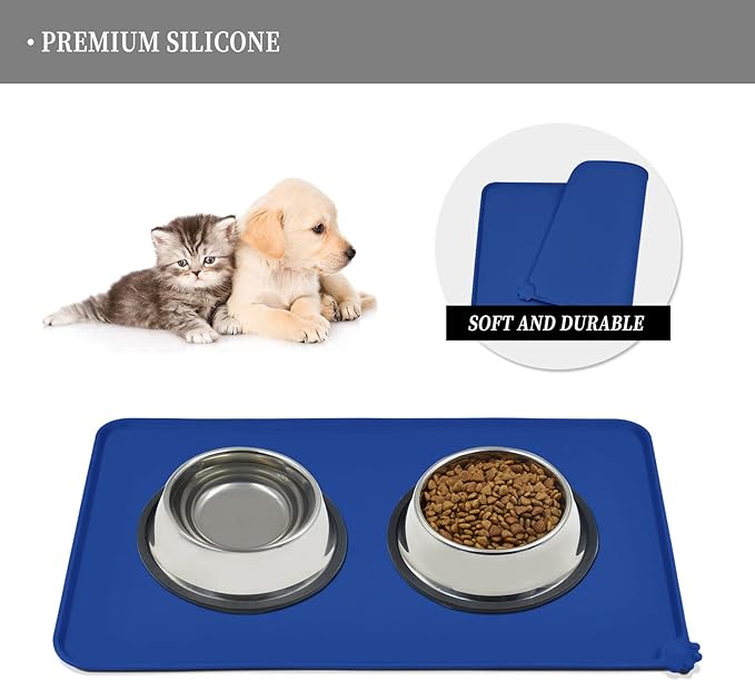 Waterproof Pet Feeding Mat with High Raised Edges, Heavier and Thicker Placemats for Cat Dog Water Bowl with BPA Free, Dogs Cats Food Mats for Messy Drinkers to Prevent Spill and Protect Floors