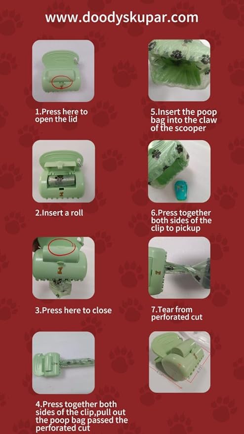 Doodyskupar Portable Pooper Scooper with Bag Holder, 7 oz Lightweight Clawed Scoop, One‑Handed Operation & Leash Clip, Fits Small–Large Dogs, Waste Bags Included