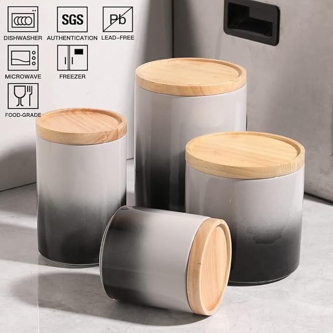 Sweejar Ceramic Food Storage Jar, Stackable Kitchen Canisters, Containers with Airtight Seal Wooden Lid for Serving Coffee Grounds, Coffee Bean, Flour, Tea, Spice and More - 39 Fl Oz (Gradient Gray)