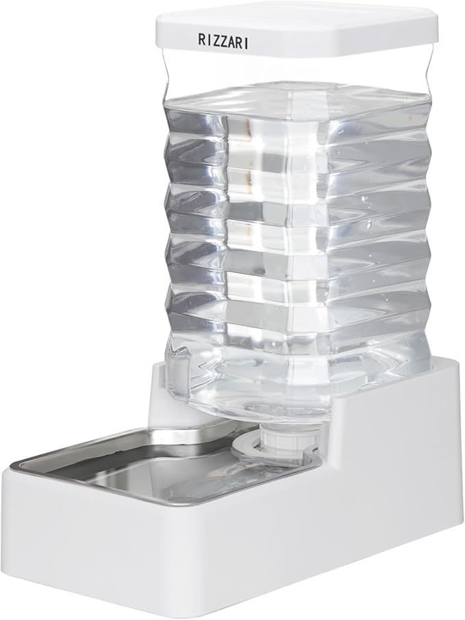 RIZZARI Stainless Steel Pet Water Feeder: 10L Gravity Waterer with Filter - Splash-Resistant - Dust-Resistant Lid -Easy to Clean - No Power Needed - for Cats & Dogs - Crate Area/Kitchen Corner