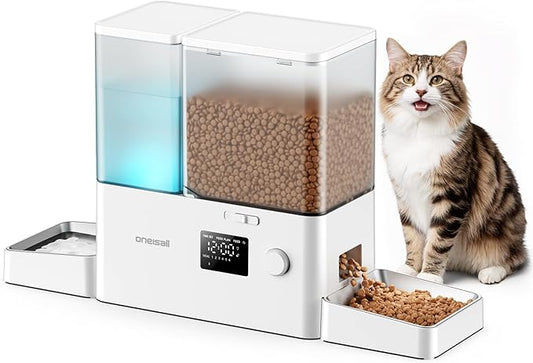 oneisall Automatic Cat Feeder and Water Dispenser, 36Cups/8.5L 2-in-1 Large Capacity 5L Timed Cat Food and 3.5L Gravity Water Dispenser for Pets, Puppies, Kittens
