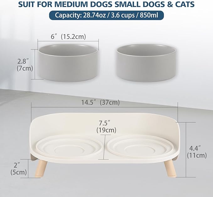 Elevated Ceramic Dog Bowl Set - Double Dog Feeding Bowls with Stand Splash Proof - Raised Dishes for Food and Water - Ideal for Small to Medium Dogs - 2 x 850 ml - 28.74 oz