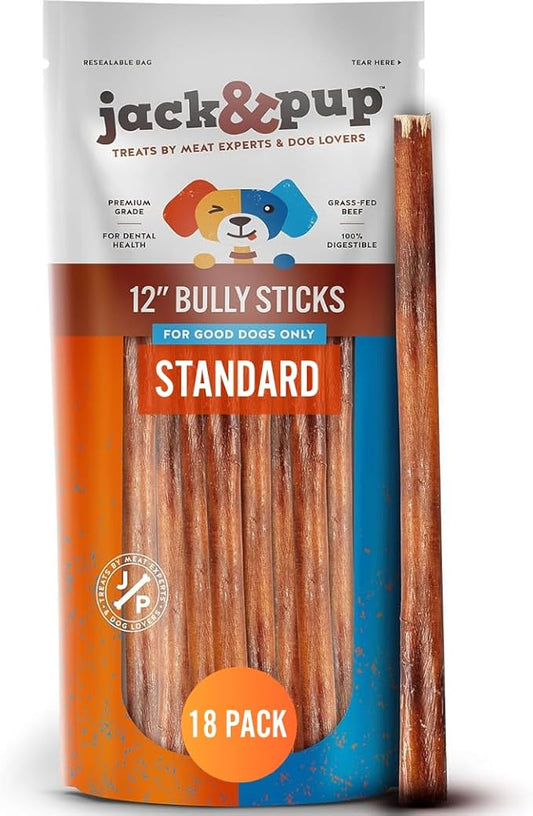 Jack&Pup 12 Inch Standard Bully Sticks for Medium and Large Dogs (18 Pack) Single Ingredient Dog Chew Bully Stick