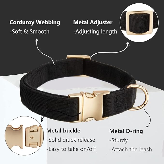 Soft Corduroy Fibric Dog Collar with High Grade Metal Buckle, for Medium Dogs(Black,Medium:12-19")