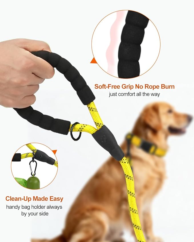 Joytale Dog Leash for Large Dogs, Heavy Duty Nylon Leashes with Comfortable Padded Handle and Highly Reflective Threads, Ideal for Walking and Training, Yellow, 5'횞1/2''