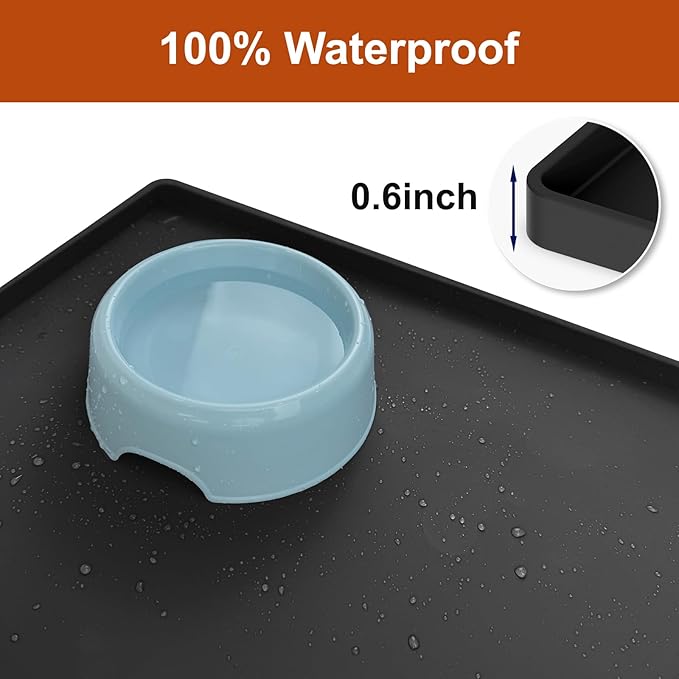19” x 12” Extra Thick Waterproof Silicone Mat with Raised Edge, BPA Free Non-Slip Dog & Cat Food Mat, Feeding Mat for Food and Water Bowls, Spill Proof Mat to Protect Floors, Black