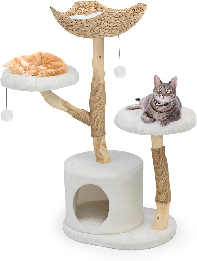 Modern Cat Tree Tower, Solid Wood Multi-Level w/ 2 Flower Perches, Scratching Post, Hanging Ball - Luxury Boho Cat Furniture w/Condo & Wicker Basket for Indoor Cats