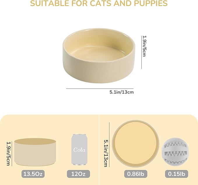 SPUNKYJUNKY 13.5OZ Ceramic Dog and Cat Bowl, Modern Cute Weighted Food Water Bowl for Replacement Beige (1 Pack)
