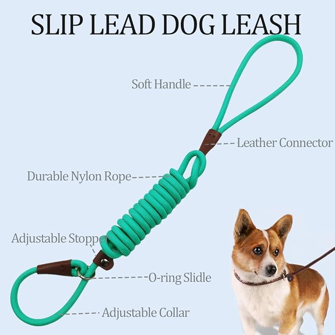 MayPaw Slip Lead Control Leash for Dogs No Pull, 13+ Colors Classic Dog Lead 7 FT Pet Slip Leash, 1/4” Rope Leashes for Small Medium Animals (7ft*1/4", Turquoise)
