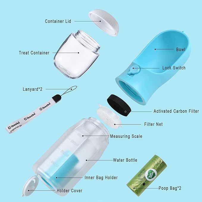 Dog Water Bottle with Food Container & Poop Bag Holder, Travel Water Bowl, Portable Pet Dispenser, Dog Gifts Stuff Accessories Items, Puppy Essentials for Yorkie Chihuahua Walking Hiking