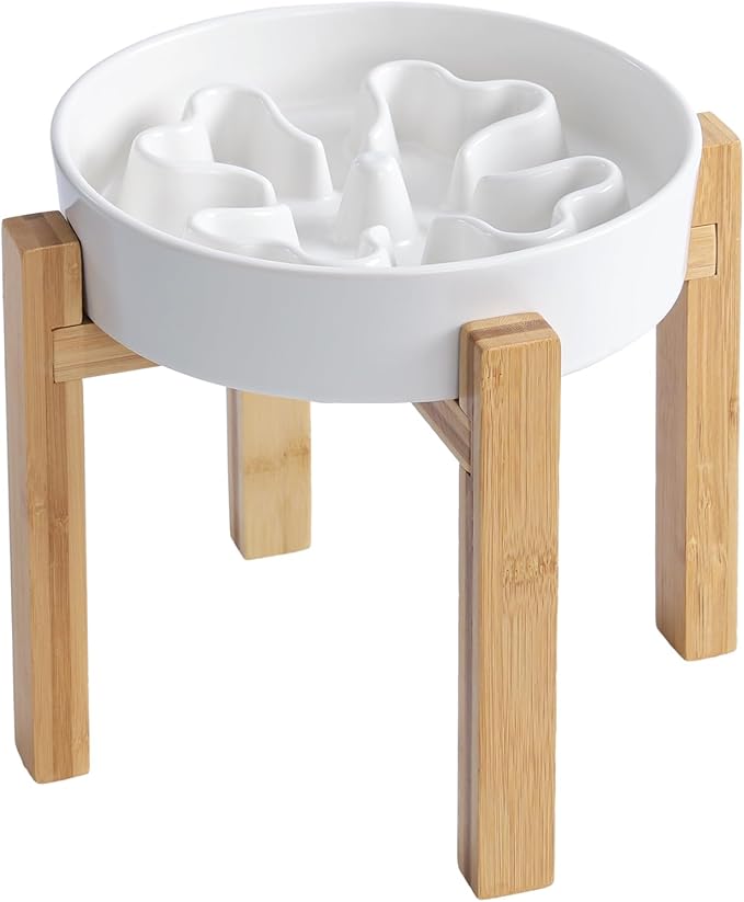 Slow Feeder,Ceramic-Slow Feeder Dog Bowls Elevated for Medium Breed,2.5 Cups Slow Feed Dog Bowl with Stand,White