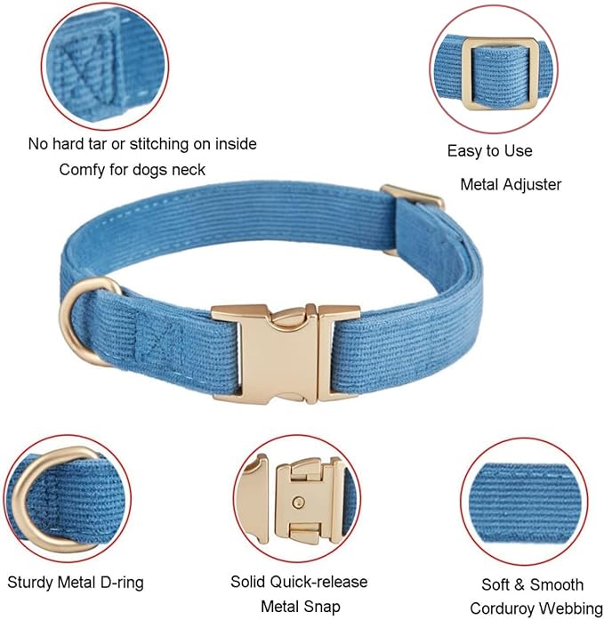 Soft Corduroy Fibric Dog Collar with High Grade Metal Buckle, for Small Dogs.(Blue,Small:10-15")