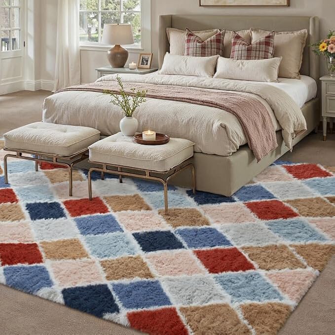 5x7 Checkered Rug for Living Room Rainbow Modern Soft Area Rug Fluffy Non-Slip Carpet for Bedroom Playroom Home Aesthetic Decor