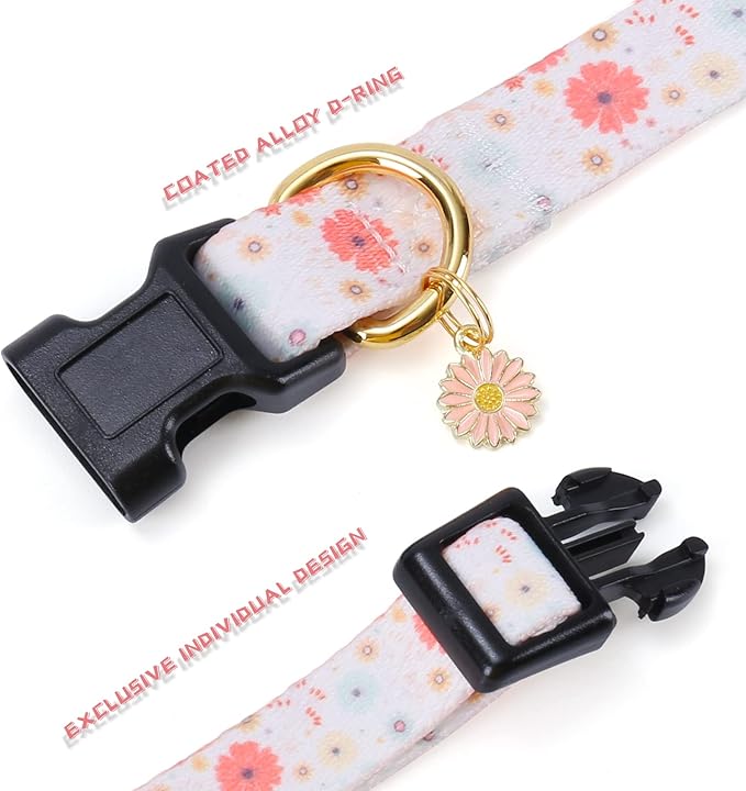 Cotton Handmade Dog Collar for Small Medium Large Dogs,Beige Daisy with Pendant Cute Dog Collars (Large)