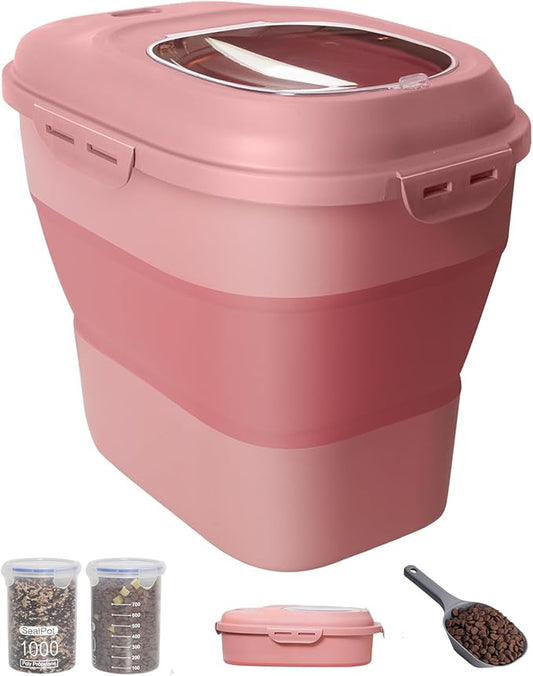 30-35 Lbs Dog Food Storage Container Collapsible Dog Food Container with Airtight Lids, Wheels, Scoop and 2pcs Food Storage Containers, Large Pet food storage for Dog, Cat (Pink)