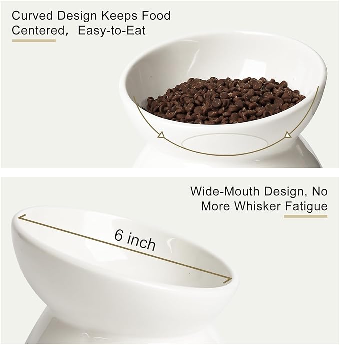 YauYik Cat Bowl Elevated Tilted - Ceramic Raised Cat Food Bowl for Cats and Small Dogs - 6 Inches Stress Free Whisker Friendly Pet Dish, Anti Vomit & Reduce Neck Burden Feeding, White, 10 Oz