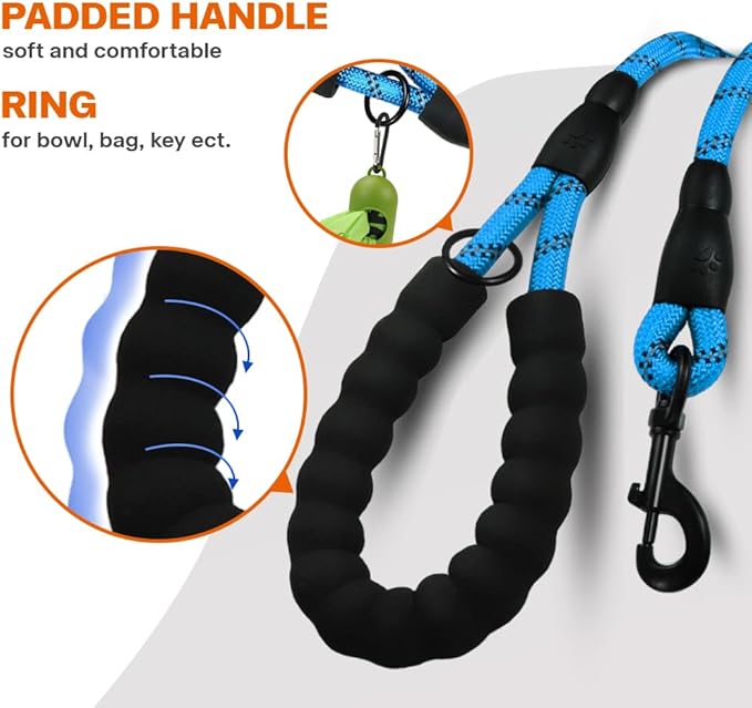 Taglory Rope Dog Leash 6FT with Comfortable Padded Handle, Highly Reflective Threads Leash for Small Dogs, 3/8 inch, Blue