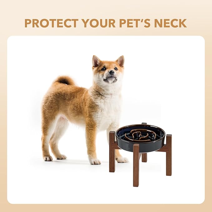 Ceramic 1.2 Cup Raised Slow Feeder Dog Bowl Set, Elevated Acacia Wood Stand for Medium and Small Dog, 7.3inch Slow Dish, Stop Bloat(Single Bowl+ Stand, Starry Sky)