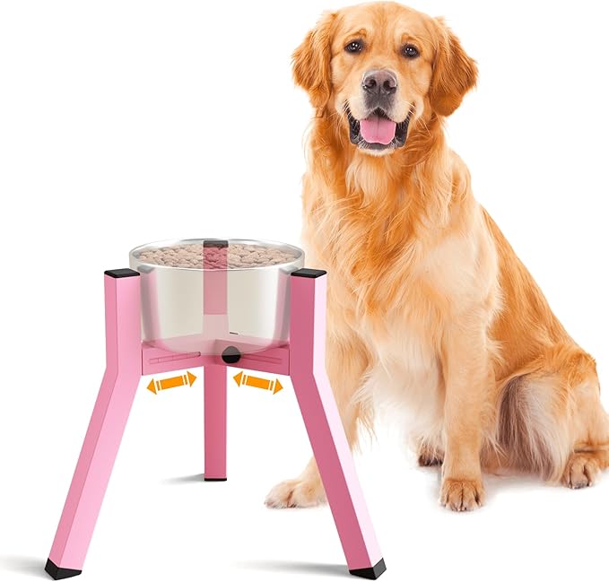 Elevated Dog Bowl Stand for Medium Large Dogs, Adjustable Width 7-10.6", 11" Tall Single Raised Dog Bowl Holder, Pink