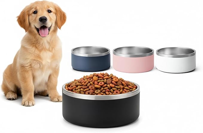 Dog Bowls, Stainless Steel Dog Food and Water Bowl for Small to Large Breed, Anti-Slip, Dishwasher Safer, Rust-Resistant, Easy to Clean, Weighted Durable Metal Bowl (Black, 64 oz)