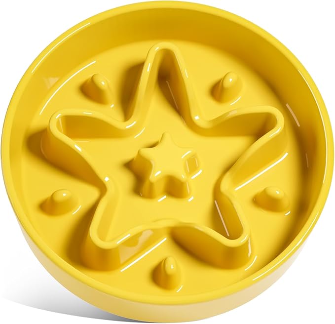 LE TAUCI Slow Feeder Dog Bowls Ceramic, 1.5 Cups Dog Food Bowl, Puppy Slow Feeder Dish for Fast Eaters, Star Yellow