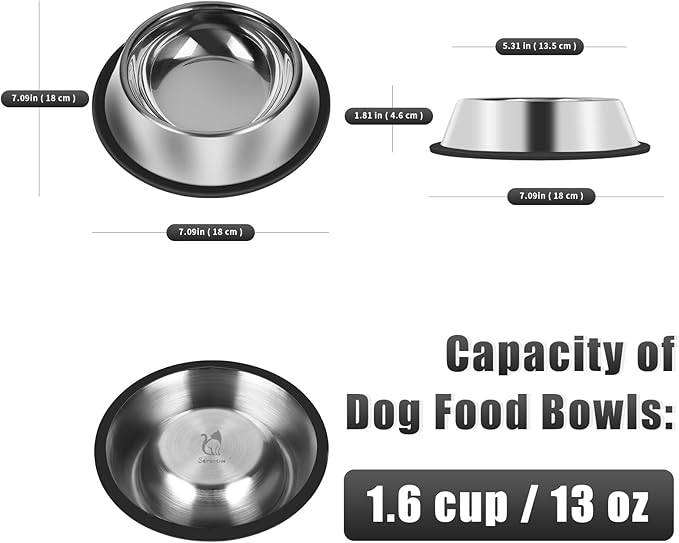 3Pcs Stainless Steel Dog Bowls Set - Non-Slip Food and Water Bowl 13 Oz - Dishwasher-Safe, Rust Resistant Metal Pet Bowls for Small/Medium/Large Sized Pets