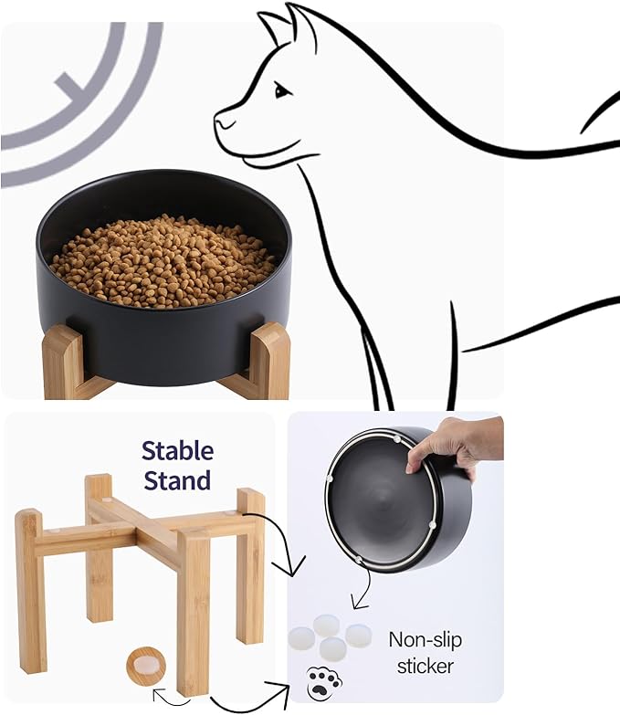 Black Raised/Elevated Ceramic Dog Bowl for Medium Large Sized Breeds,Dog Food Water Bowl with Stand,8 in 7.6 Cups Non Slip Heavy Weighted
