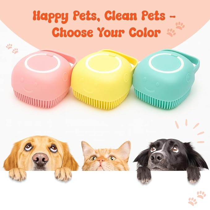 HamInWay Dog Bath Brush, 2-in-1 Dog Grooming Brush with Built-in Shampoo Dispenser, Gentle Silicone Bristles for Bath & Massage, Non-Slip Handle, Easy Clean Design for Dogs, Cats & Small Pets, Blue